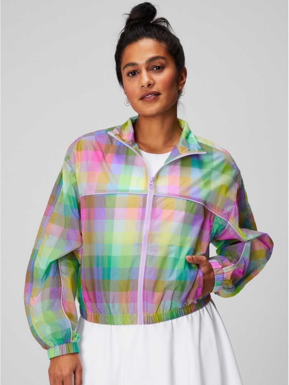 Fabletics Multicolor Pastel Plaid Bomber Jacket